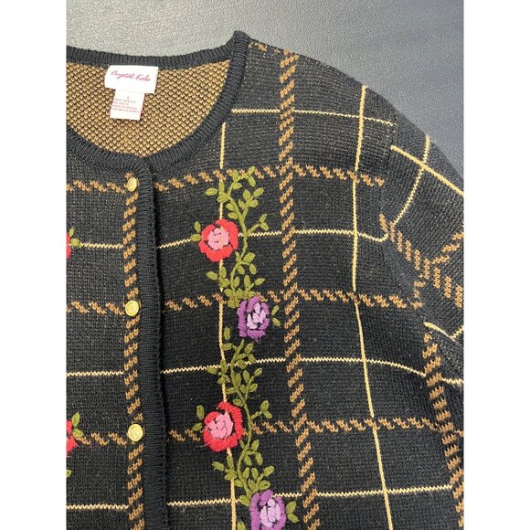 Crystal-Kobe Womens Floral Embroidered Knit Cardigan Sweater Sz LRG Grandmacore - Picture 5 of 9